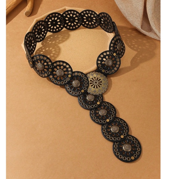 Boho Vegan Leather Grommet Statement Round Buckle Wide Belt - Picture 2 of 5